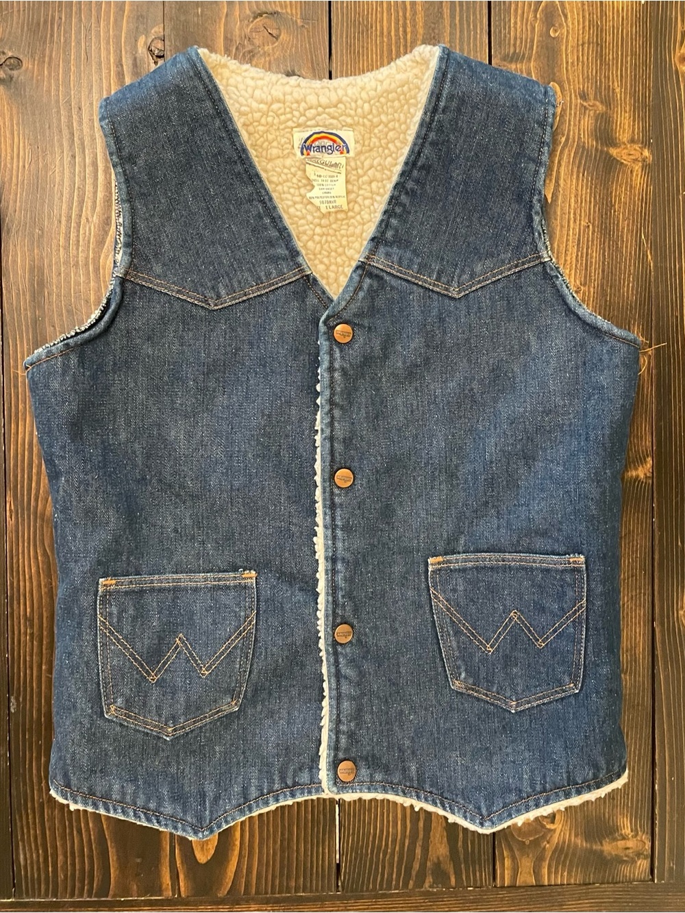 VTG 70s Wrangler Rainbow Tag Sherpa Lined Denim Vest XL *fits smaller*